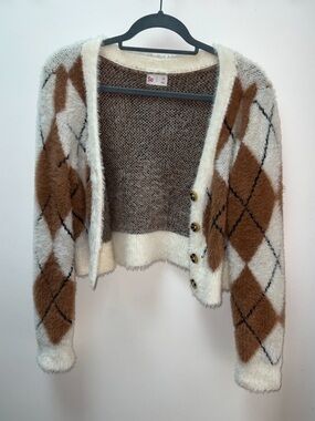 So Fuzzy Argyle Cropped Cardigan Brown & Cream Soft Button Front Size M